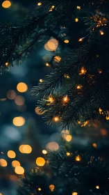 Soft golden fairy lights on deep evergreen branches at dusk.