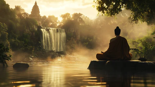 Monk in meditation by waterfall and temple at sunrise.