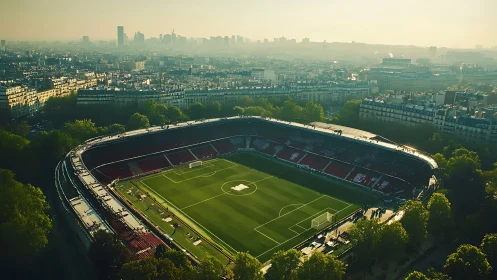 Football stadium sits within dense urban landscape at dusk