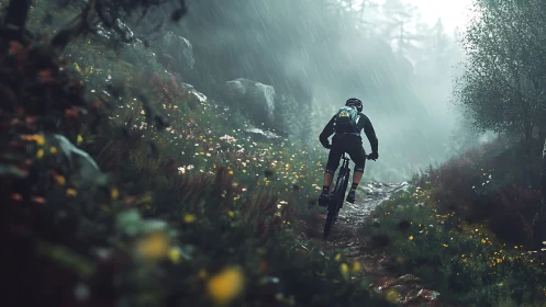 Mountain Biker Navigating Rain-Soaked Forest Trail Through Golden Wildflowers