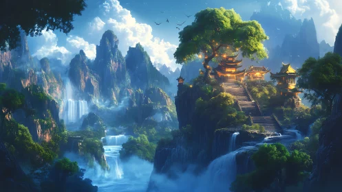 Terraced cliffside temple complex above tiered mountain waterfalls