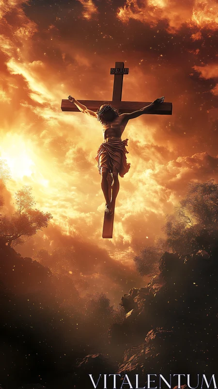 Crucifixion silhouette glows against a burning golden sky