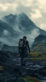 Lone explorer crosses misty alien highlands in somber silence