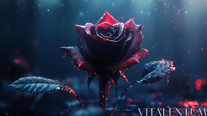 Crystalline Rose with Glowing Particles in Neon Space.