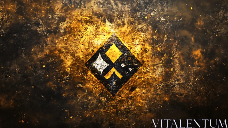 Abstract diamond-shaped emblem floats over textured gold field