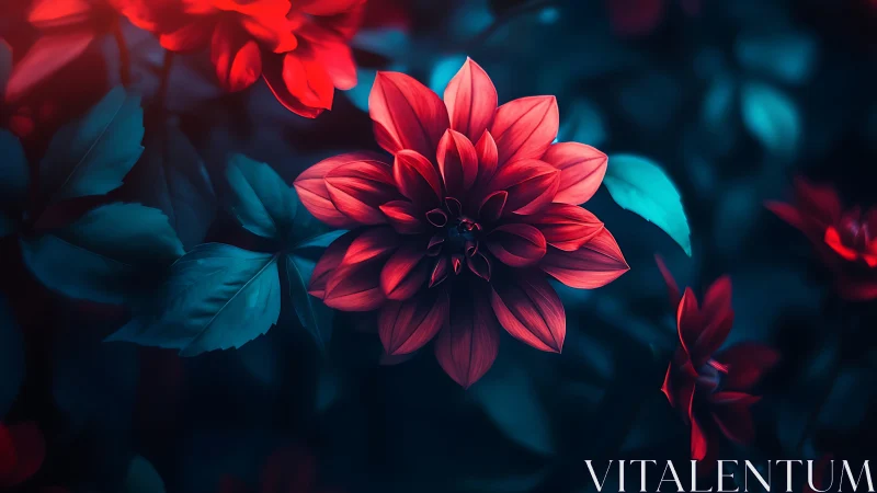 Neon Dahlia Blooms Against Dark Teal Night