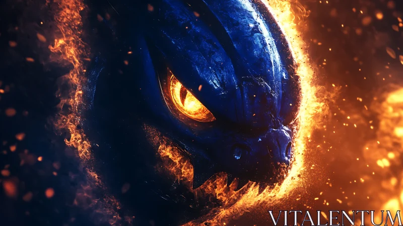 Molten blue dragon helm snarls through a ring of embers