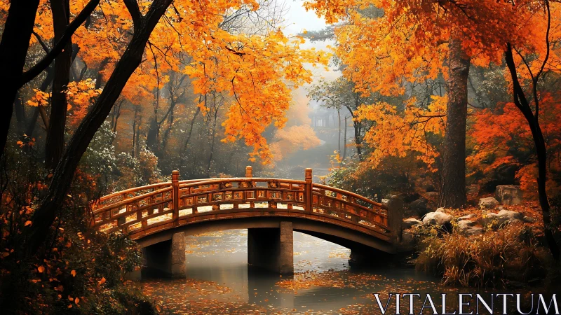 Golden autumn bridge welcomes quiet reflection in the woods