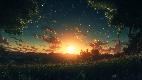 Sunset illuminates grassy hill overlooking distant valley