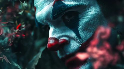 Macro portrait of sinister clown face in shallow focus lighting.