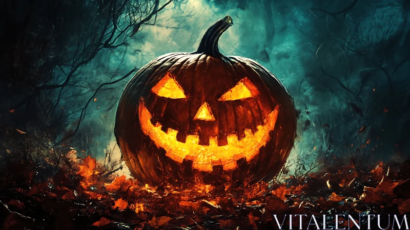 Cinematic digital painting of a glowing jack-o’-lantern centerpiece.