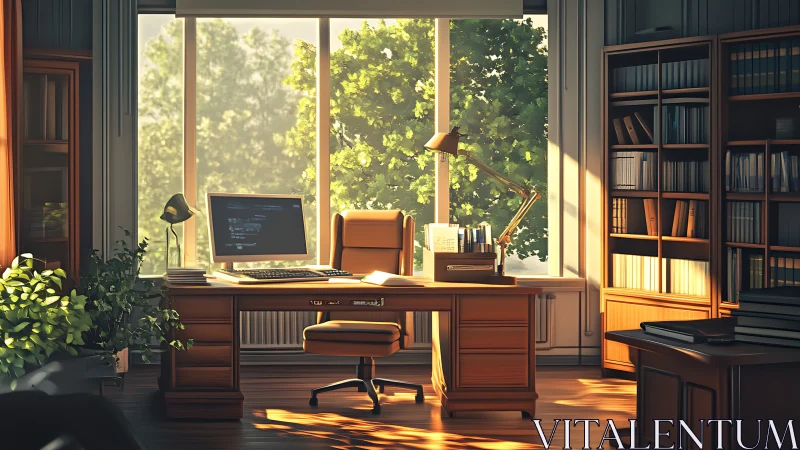 Sunlit wood office with computer desk and library shelves.