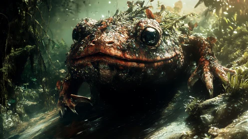Swamp toad rendered with cinematic macro depth and moss detail.