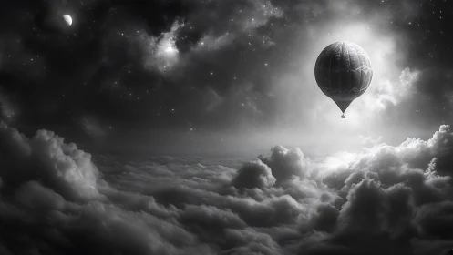 Monochrome balloon ascends above stratified cloud layer at night