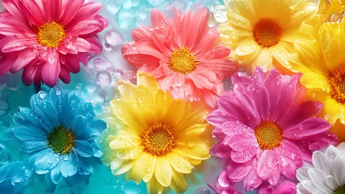 Vibrant Rainbow Daisies Blooming with Dewdrops.