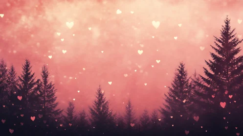 Romantic conifer forest silhouette under glowing heart bokeh.