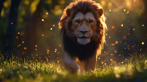 Male lion walking through sunlit grass at golden hour.