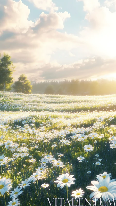 High-latitude daisy meadow under low-angle solar backlight.