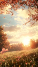 Sunlit meadow with autumn trees and drifting leaves.