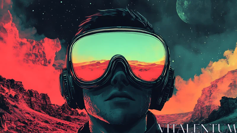 Futuristic explorer portrait with neon visor reflection of dunes