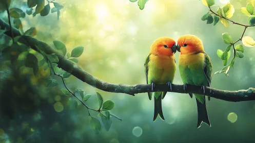 Vibrant lovebirds on branch in dreamy, soft-focus forest scene.