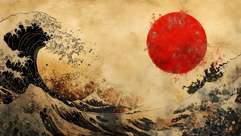 Crimson sun rises over storm-born waves of ink and gold.