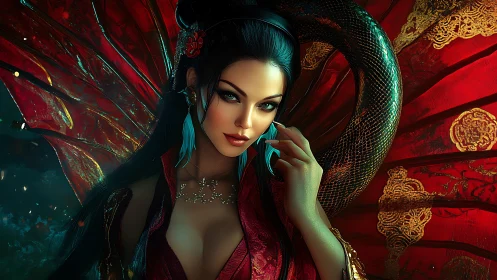 Serpent courtesan in ember-red silk and shimmering scales.