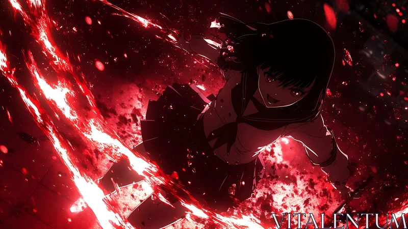 Dark anime schoolgirl attacks amid swirling red energy.