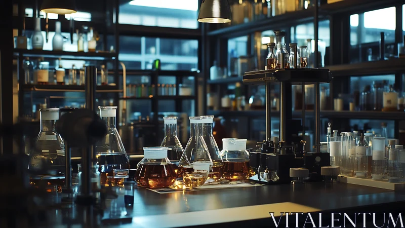 Ambiently lit analytical chemistry lab with amber reagents