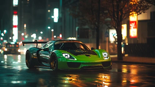 Green hypercar glides through wet neon city street at night