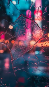 Shimmering city lights glowing through cracked night glass.