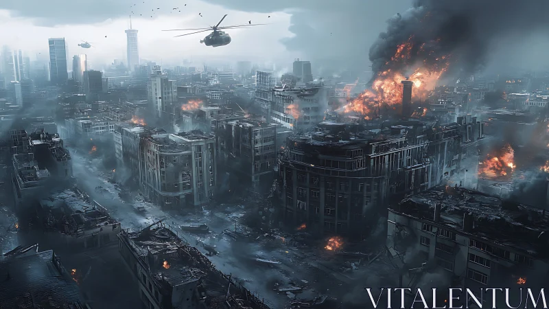 Urban combat airstrike over fire-scarred high-rise district.