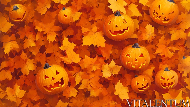 Playful jack o lantern friends resting in cozy autumn leaves.