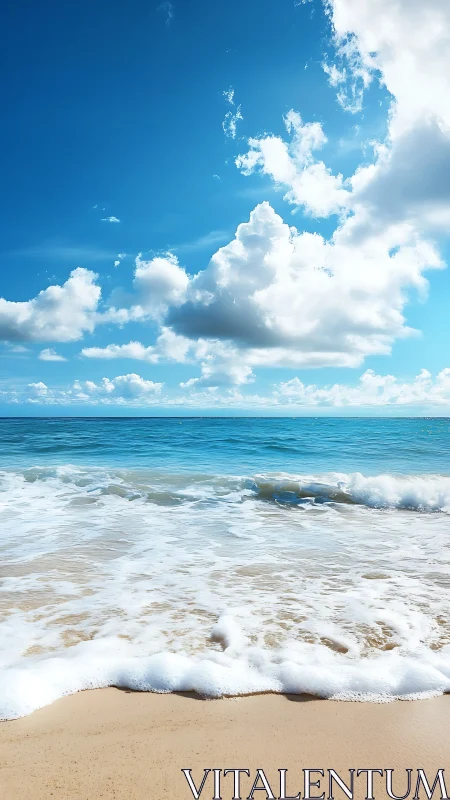 Coastal shoreline with waves, sand, and cumulus cloud sky.