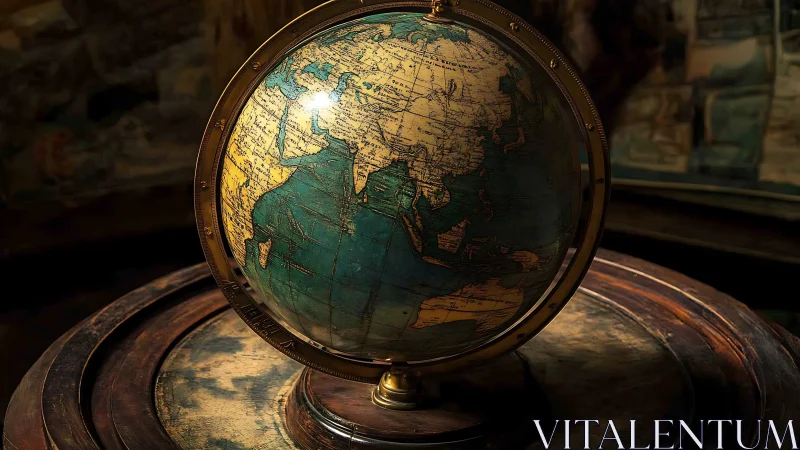 Vintage globe glowing softly on a well worn wooden stand.