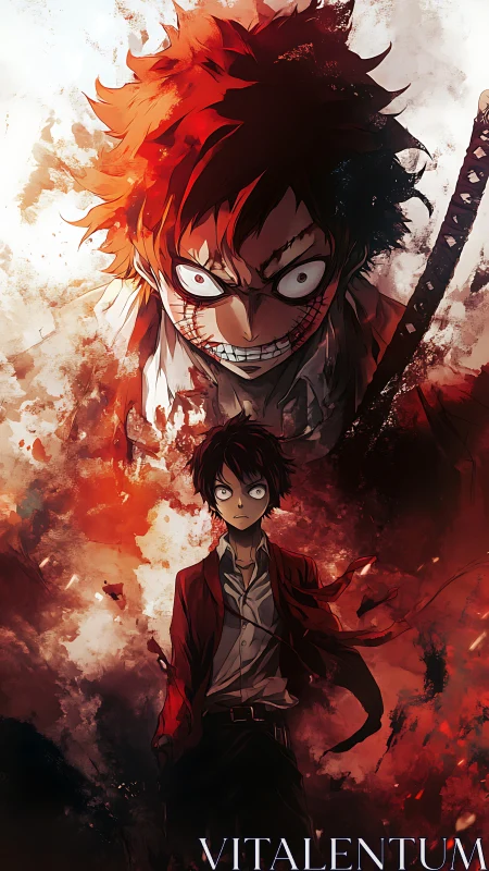 Dual anime persona rendered in dynamic fiery composition