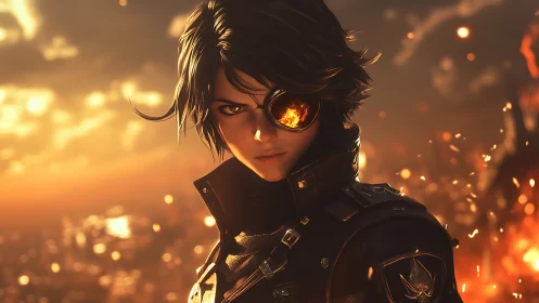 Fierce firelit warrior with glowing eyepatch gaze stands strong.