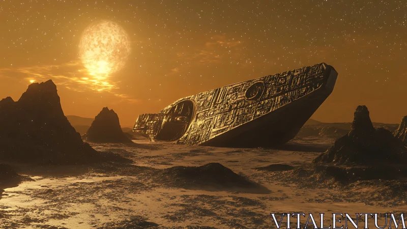 Derelict alien starship embedded in molten desert plain.