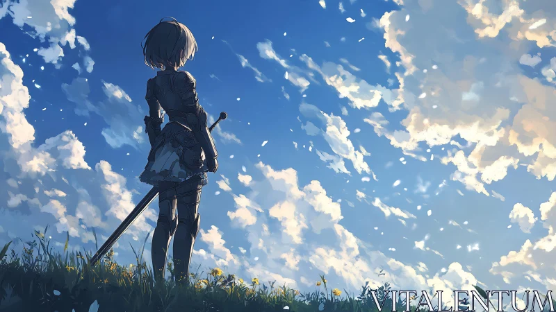 Armored figure with sword under expansive clouded sky.