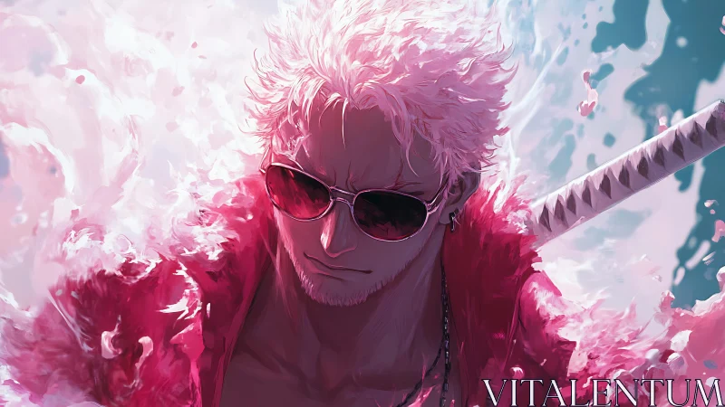 Stylized male figure with sword rendered in pink lighting