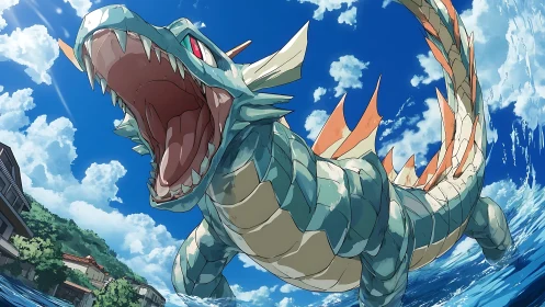 Sea serpent lunges upward near coastal town structures