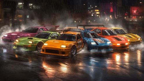 Neon drift cars align under rain in hyperreal night cityscape