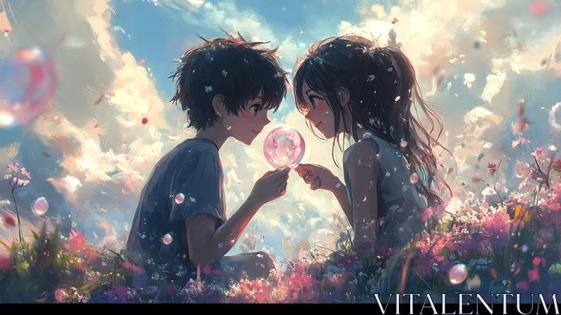 Youthful silhouettes sharing iridescent bubble in floralscape.