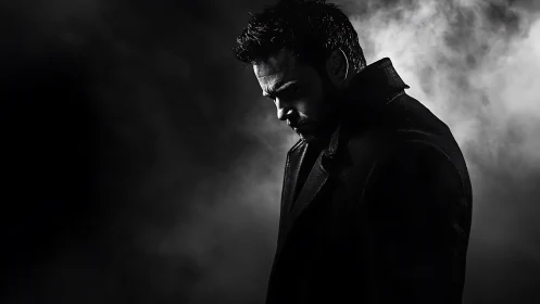 Low key monochrome male portrait in dramatic side lighting