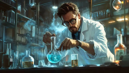 Laboratory chemist adjusting luminescent blue reagent equilibrium.