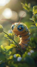 Macro-rendered stylized caterpillar with bokeh-lit foliage environment