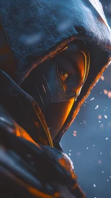 Frostbitten cyber assassin watching embers drift by night.