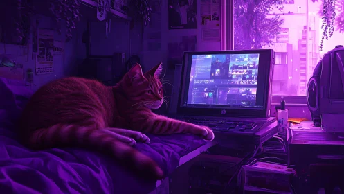 Cat rests on glowing laptop in purple lit bedroom