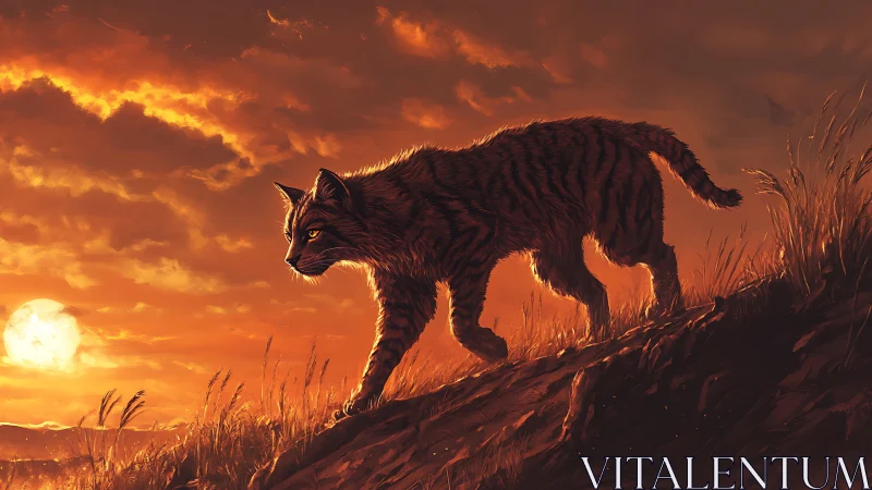 Dark wolf stands on ridge beneath blazing orange sunset sky