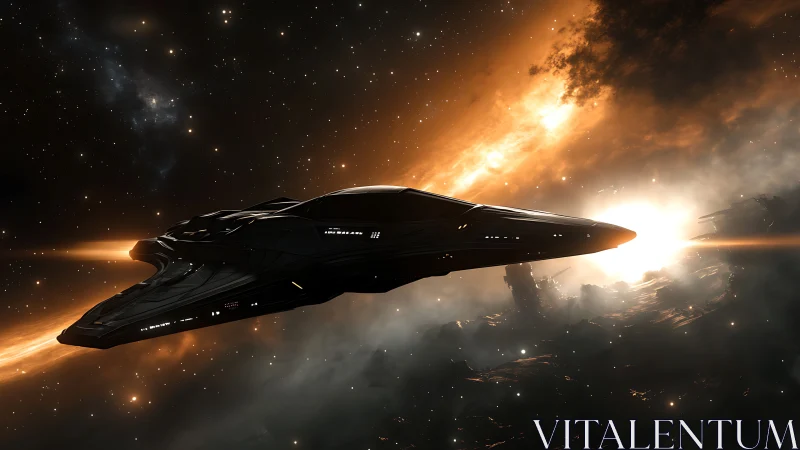 Sleek black starship glides boldly past a glowing nebula